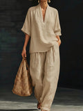 Summer Old Money Relaxed Linen Short Sleeve V-Neck Loose Wide Leg Pants + Top 2-Piece Set