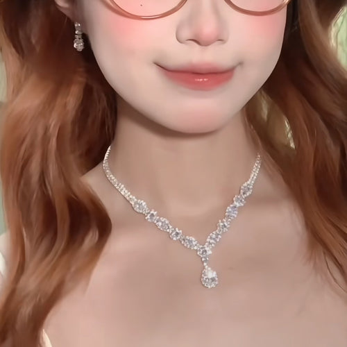 Korean Style Imperial Breeze Simple Cubic Zirconia Teardrop Stud Earring Necklace Set Fashionable Clavicle Chain Light Luxury Premium Necklace Women