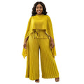 Casual Plus Size Crew Neck Pleated Loose Pants + Top Set