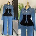 Fall Casual Fashion Long Sleeve Patchwork Wide Leg Pants + Top 2-Piece Set