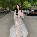 Oil Painting Print Embroidered Halter Dress, Seaside Vacation