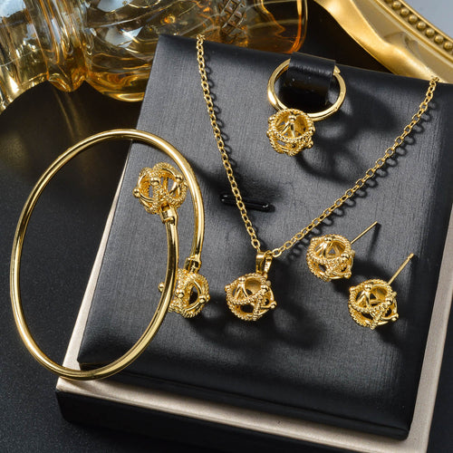 Overseas Dubai Gold 18K Star Cutout 3D Necklace Bracelet Set Earrings Ring Middle East Women Banquet Set