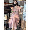 New Chinese Style Heavy Embroidery V-Neck Long Dress, Loose Slimming
