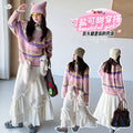 Girls' Rainbow Striped Sweater & Plush Skirt Set - Korean