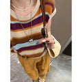 Summer Hong Kong Casual Hollow-Out Striped Ankle-Length Color-Block Knit Top + Pants 2-Piece Set