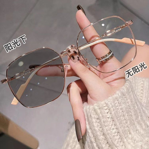 Photochromic Prescription Blue-Light Glasses Women Student Style RedNote Influencer Big Frame Bare Face Glasses Frame Gray Photochromic Myopia Glasses