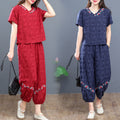 Women's Summer Ethnic Retro Plus Size Short Sleeve Loose Lantern Wide Leg Pants + Pan - Blue
