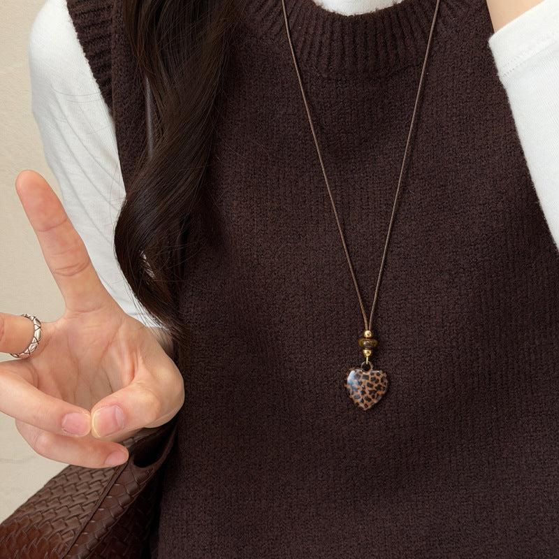Vintage Leopard-Print Stone Heart Pendant Necklace with Leather Cord - view 6