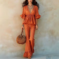 Summer Casual Fashion Short Sleeve V-Neck Tie-Front Ruffle Shirt Set