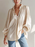 Casual Lantern Sleeve Long Sleeve V-Neck Ruffle Shirt