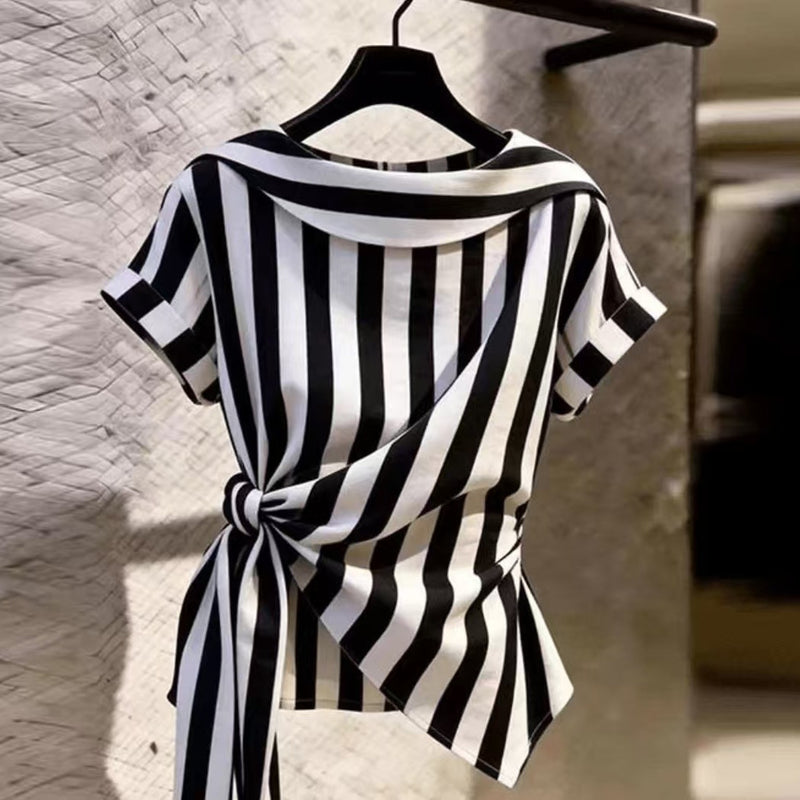 French Elegant Lapel Collar Waist-Tie Striped Asymmetric Shirt