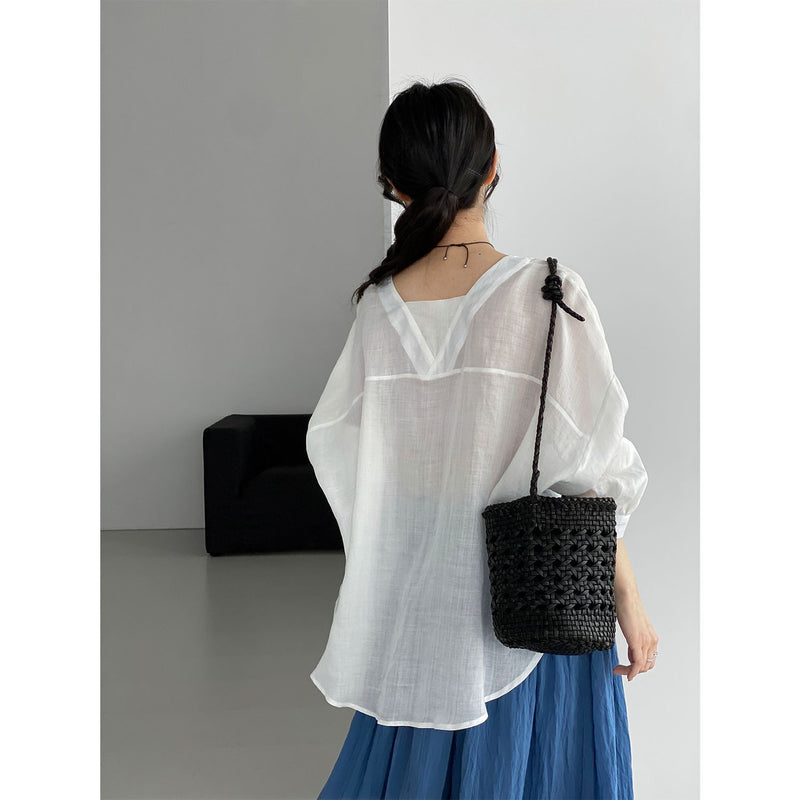 Korean Versatile Ramie V-Neck Sun-Protection Loose Shirt