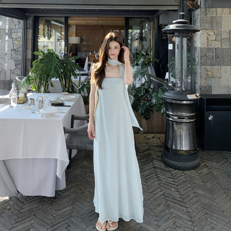 Gentle Vacation Style Camisole Flowing A-Line Fitted Dress