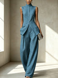 Fashion Elegant Sleeveless Drapey Shirt + Pants Set
