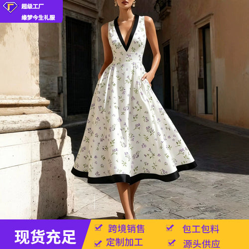 跨境法式深V领印花连衣裙2026新款外贸撞色显瘦性感礼服厂家货源