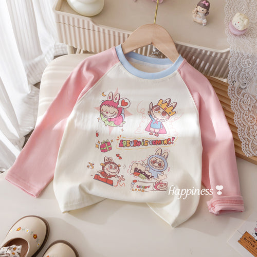 Girls' Cartoon Print Contrast Raglan T-Shirt