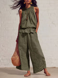 Women's Summer Casual Linen Cotton Sleeveless Ruffle Wide Leg Pants 2-Piece Set 2026 - Red