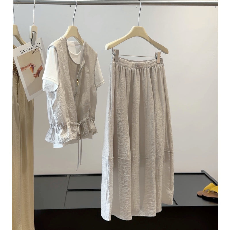 Summer Old Money Korean Crew Neck Skirt + Vest + Tee 3-Piece Set