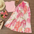 Summer French Slimming Printed Fitted Pleated Skirt + Top Set