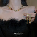 Western Statement Rhinestone Square Stud Earring Necklace Set Niche Design Detail Clavicle Chain Exquisite Fashionable Simple Elegant Necklace