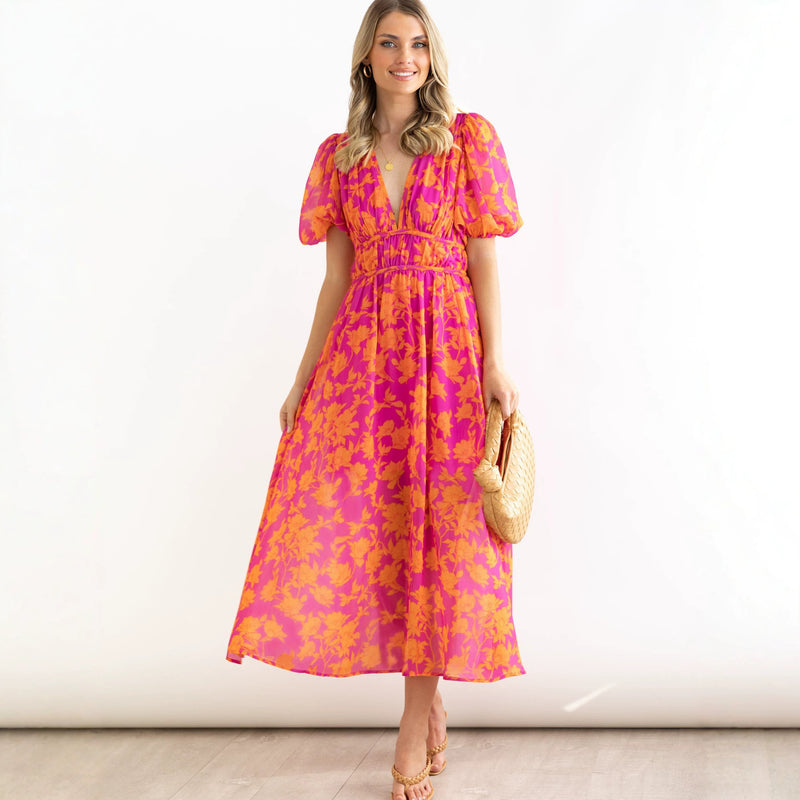 Printed V-Neck Puff Sleeve Bohemian Fitted Beach Dress