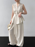 Summer Casual Elegant Sleeveless Stand Collar Waist-Tie Wide Leg Pants + Top 2-Piece Set