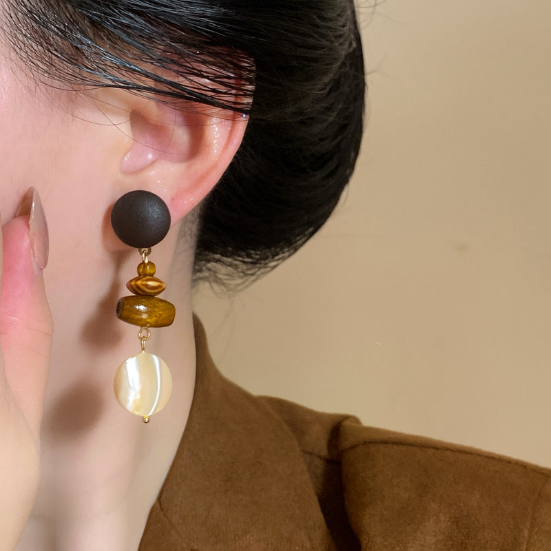 Vintage Wooden and Shell Round Stud Earrings - view 4