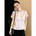Women's Spring New Chinese Batwing Sleeve Short Sleeve Crew Neck Frog Button Shirt + - Off White