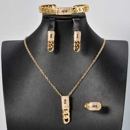 Overseas Bestseller 18K Western Personality Simple Cuban Chain Stripe Necklace Bracelet Set Earrings Ring Party Jewelry Set