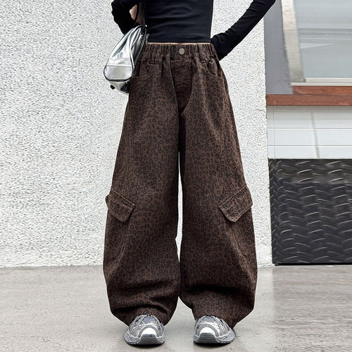 Girls' Leopard Print Cargo Wide-Leg Jeans - Curved