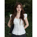 Summer French Slimming Mini Flutter Sleeve Short Sleeve Hollow-Out Fitted Shirt