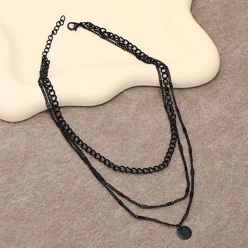 Western Retro Bronze Ba Magic Chain Multi-Layer Asymmetric Round Lens Necklace Fashionable Layered Beige Bead Circle Pendant Necklace