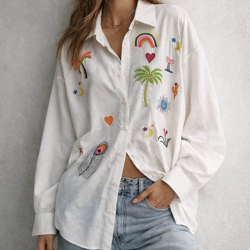 Cotton Embroidered Long Sleeve Blouse - French Style Casual Resort Wear Shirt