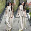 Summer Old Money Sporty Linen Cotton Sleeveless Loose Wide Leg Pants + Top 2-Piece Set