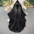 High-End Crystal Beaded V-Neck Hooded Flared Sleeve Irregular Chiffon Dress