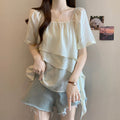 Summer French Designer Short Sleeve Boat Neck Square Neck Ruffle Shirt