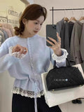 Women's Spring Korean Lace Crew Neck Tie-Front Waist-Tie Lace Trim Knit Top + Cardiga - As Pictured
