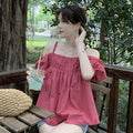 Summer Korean French Short Sleeve Off-Shoulder Boat Neck Loose Shirt + Camisole