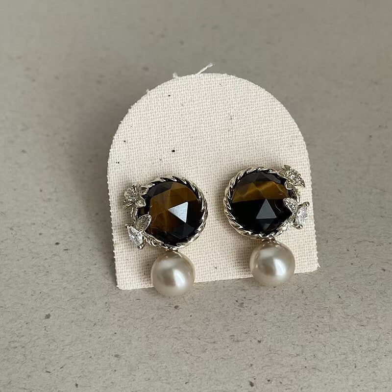 18K Gold-Plated Zircon Butterfly Tiger's Eye Stud Earrings - view 4