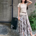Summer French Slimming High Waist Printed Asymmetric Mid-Length Skirt Set