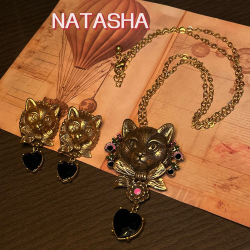 Western Vintage Return Trendy Heavy-Duty Drop Necklace Antique Distressed Design Detail Cat Head Accessory
