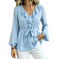 Elegant Slimming Lantern Sleeve Long Sleeve V-Neck Tie-Front Shirt