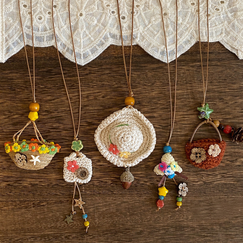 Bohemian Woven Straw Hat Pendant Necklace - view 3
