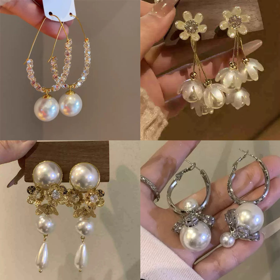 Flower Teardrop Pearl Tassel Stud Earrings - view 2