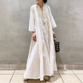 Japanese Retro White V-Neck Fringed Heavy Embroidery Floral Long Dress, 3/4 Sleeve