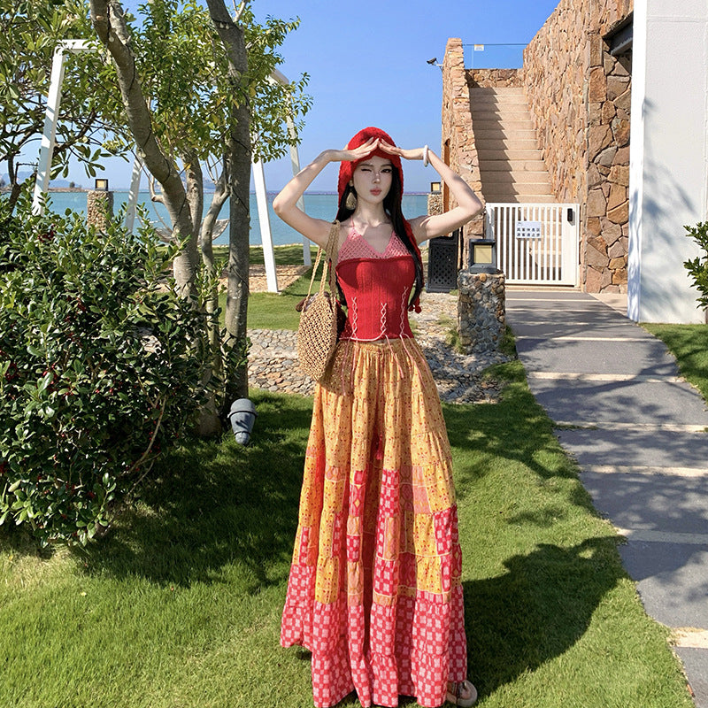 Women's Ethnic Jacquard Knit Tie-Front Color-Block Wide Leg Pants + Tank Top + Skirt - As Pictured
