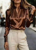 Office Elegant Satin Long Sleeve V-Neck Shirt