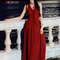 French Retro Red Halter Fitted Long Dress, Seaside Vacation