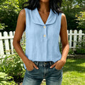 Summer Casual Linen Cotton Sleeveless V-Neck Lapel Collar Loose Shirt + Tank Top