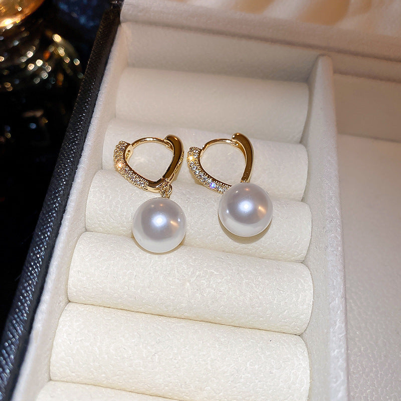 Zircon Heart and Pearl Geometric Stud Earrings – French Vintage Style - view 12
